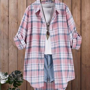 Plus-Size Dames Casual Lange Mouwen Shirt - Lichtgewicht Blouse met Klassieke Kraag, Roze & Blauw Ruitpatroon, Wasbaar in de Machine Lente/Zomer Top, Niet-Doorschijnend Stof