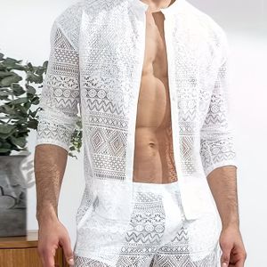 Zomer 2- set Heren kantige doorzichtige lange mouw overhemd + korte broek outfit Sexy casual strandfeest nachtclubkleding