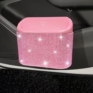 Artificial Rhinestone Inlaid Car Trash Can, Car Interior Hanging Storage Bin With Automatic Lid Trash Can Multifunctional Car Accessories
