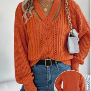 Vrouwen Elegante V-hals Kanten Trui - Zachte Machinewasbare Mouwtrui, Levendige Oranje Kleur voor Herfst Winter Casual & Formele Outfits, Schattige Trui, Comfortabele Pasvorm