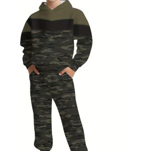 Coole Tactische Groene Camouflage Stijl 3D Print Jeugd Trend Set Comfortabele Pullover Hoodie en Casual Veelzijdige Sportbroek met Manchetten Geschikt voor Dagelijks Gebruik, voor Buiten
