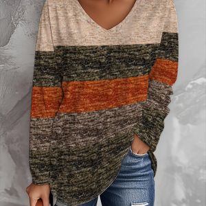 Plus Size - Dames Plus Size Herfst-Winter Mode Gestreept V-Hals Lange Mouw T-Shirt | Losse Pasvorm, Ideaal voor Thuis en Buiten, Veelzijdige Basic Top