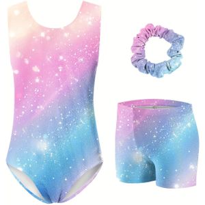 Meisjes Mouwloze Driehoekige Bodysuit met Volledig Print en Zilveren Glans, Strijkapparaat Sport Gymnastiek Set met Haarband en Shorts - Perfect voor Buiten