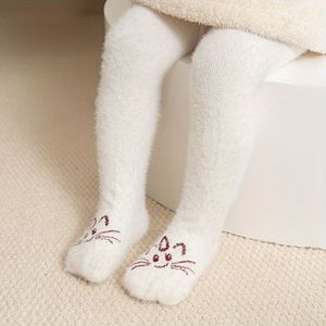 1 meisjes fleece-gevoerde broek sokken, schattig cartoonpatroon, rekbaar nylonmengsel, wasmachinebestendig, geschikt voor seizoenen
