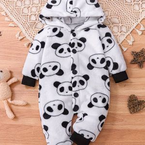 Jongens' Herfst/Winter Panda Print Knopen Pluche Capuchon Bodysuit met Lange Mouwen - Ideaal voor Buitenshuis