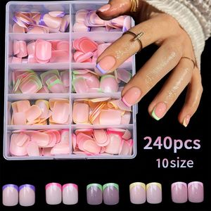 240 stks/doos 12 maten kleurrijke glinsterende Franse op nagels, korte vierkante vorm glanzende afwerking nepnagel tips, 10-grid manicure sieraden DIY kit, kunstnagels voor vrouwen dagelijks