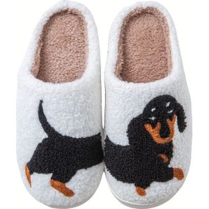Schattige Cartoon Teckel Print Pantoffels, Zachte Platform Pluche Gevoerde Huisschoenen, Antislip Vloer Warme Schoenen