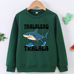 Shark & Tra la Spaanse Tekst Print Sweatshirt - Grijze Losse Pasvorm Lange Mouwen Casual Trui met Tra la & Tra la tra la , Lente/Herfst Kleding (Makkelijk Te Onderhouden Ronde Hals)