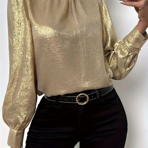 Elegante Franse Stand Collar Textuur Lange Mouw Shirt voor Dames, 100% Polyester Geweven Top, Regular Fit, Detail, Lente/Zomer/Heren - BK122603