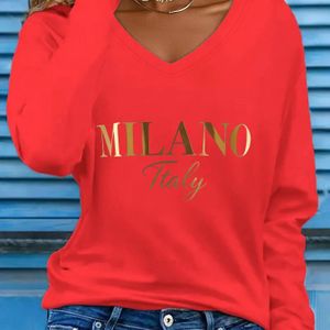 Vrouwen Rode V-Hals Lange Mouw Trui - Italië Letter Print & Gouden Accent, Zacht Rekbaar, Wasmachinebestendig Top, Elegant Casual Fit voor Informele Kleding, Edition Italiaans Geïnspireerd Design