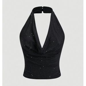Dames Y2K stijl halter nek top met voorspleet en glitter detail - zwart sprekende rugontwerp, stretchy polyester-elastane blend, machine wasbaar, mode halternekring
