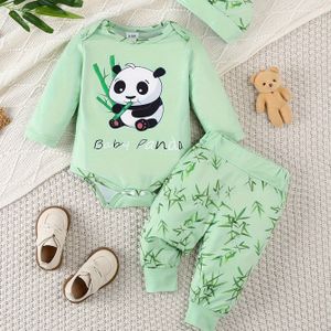 Nieuwgeboren Panda Print Lange Mouw Top + Broek + Hoed Dun - Set Voor Lente En Herfst, Voor Buiten