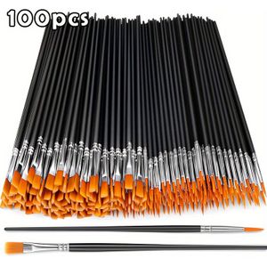 Professionele 100-delige Zwarte Nylon Verfkwastenset met Platte Ronde - Ideaal voor Acryl, Olieverfschilderen, Aquarel, Gezichtsdecoratie, Canvas en Nail Art Liefhebbers