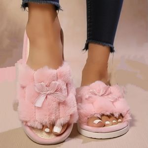 Vrouwen's Pluche Strik Slippers - Antislip, Zachte Stof Bovenkant & EVA , voor Binnen/Buiten Gebruik, Zwart met Strikdetail, Schattige Slippers