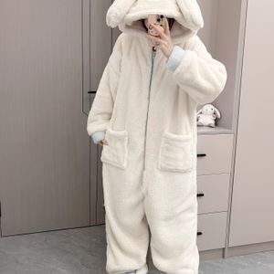 1pc Winter Warmte Dames Hooded Romper - 100% Polyester Coral Fleece Eén Stuks Nachtkleding met Ritssluiting, Kleur, Gebreid , Feeststijl, Volwassen Maat, Verdikte Pluche Lange Mouw Loungewear