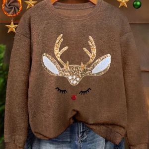 Dames Y2K Glitterende Kerst Rendier Trui - Groene Glitter Top met Geweien & Rode , Comfortabele Losse Lange Mouwen Blouse voor Feestjes, Winteroutfits & Casual Kleding (Wasbaar in de Machine)