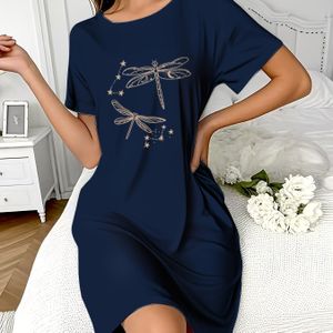 Vrouwen's Marineblauwe Libelle & Sterren Nachthemd - Korte Mouw Ronde Hals Slaapshirt, Wasmachinebestendig Lente/Herfst Loungekleding, Modieuze Kleding, Duurzame Kleding