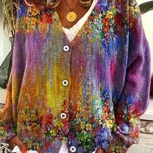 Plus Size, 3D Geprinte Regenboog Bloemen Cardigan Casual Lange Mouwen Trui