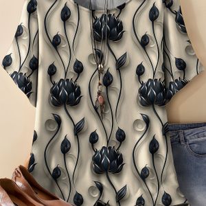 Plus Size, Dames Retro Lotus Groene Plant Print Korte Mouw Ronde Hals Casual T-Shirt, Geen Accessoires Inbegrepen