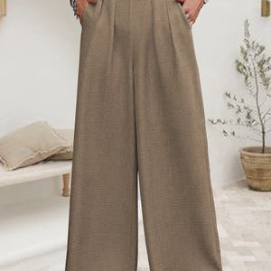 Spandex Blend] Elegante Plus Size Dames Zwarte Wijde Broek - Hoge Taille, Zacht & Glad Kleur met Zakken, Comfortabele Losse Pasvorm voor Dagelijkse Elegante Stijl, Plus Size Broeken