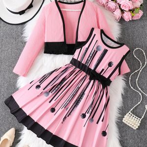 Meisjes Willekeurige Print Ronde Hals Strik A-Lijn Vest Casual Jurk met Kwast Zoom Cardigan Set, Comfortabele Lichtgewicht Stof voor Dagelijks Gebruik en Buitenspelen, voor Buiten