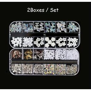 2 Gemengde Kleuren 3D Nagelkunst Charm Set met Strass - Grappige Vlinder | Bloemen | Strik Ontwerpen, Nagelversiering Accessoires voor Handen en Voeten, DIY Manicure Decoratie Kit voor Vrouwen