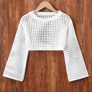 Meisjes' Ademend Kantachtige Uitgesneden Lange Mouwen Trui - Casual Ronde Hals Gebreide Top voor Lente Zomer Herfst, Semi- Wit Regular Fit