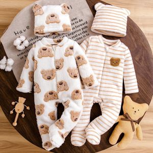 2-delige Winter Outfit Set - Zachte Warme Romper met Lange Mouwen en Rits aan de Voorkant, Schattig Beer & Gestreept Design, Knusse Fleece Voering, Perfect voor Herfst/Winter, voor Buiten