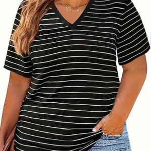Plus Size Gestreept T-shirt, Veelzijdige Korte Mouwen V-hals Top Voor Zomer & Lente, Vrouwen Plus Size Kleding