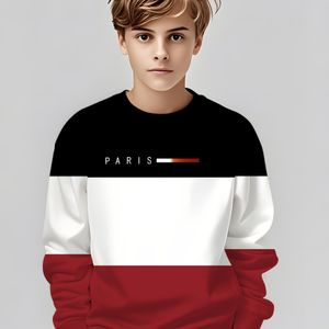 Jongens Casual Sweatshirt met Parijse Letter Print - Zwart & Wit Kleurblok Ontwerp, Ronde Hals, Lange Mouw, Pasvorm voor Lente Zomer Herfst, Lente Herfst Kleding, Duurzame Kinderkleding