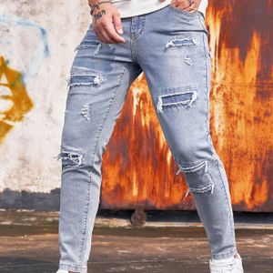 Streetwear Slim-Fit Stretch Denim Jeans met Gescheurde Scheuren - Comfortabele Casual Stijl, Lichtblauw, Geschikt voor Alle Seizoenen, Streetwear Jeans | Gescheurde Denim | Comfortabele Pasvorm