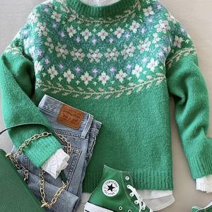 Elegante groene bloemen jacquard trui voor dames - Ronde hals, lange mouw, geribbelde manchetten, perfect voor herfst/wintermode, schattige truien