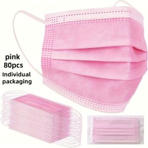 Wegwerp Gezichtsmasker, 40/80 stuks, Roze, 3-laags Ademend, Individueel Verpakt voor Dagelijks Gebruik door Volwassenen (Niet)
