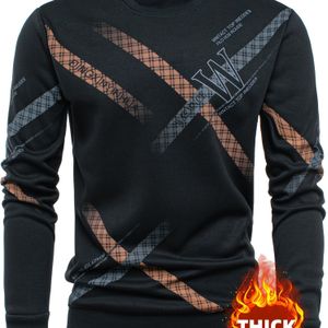 Heren Plaid Print Crew Neck Sweatshirt | Casual T-shirt met Lange Mouwen van Rayon, Warm en Verdikt voor Herfst en Winter