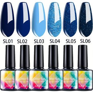 6-delige Blauwe Glitter Gel Nagellakset, LED Gel Kit voor Thuis Manicure, Perfect Cadeau voor Vriendin