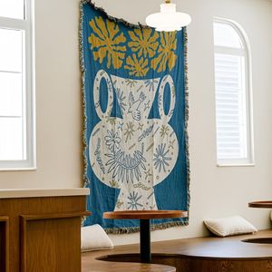 Scandinavische Kunst Tapijt Dekentje - Moderne Abstract Ontwerp met Geometrische Vormen, Blauwe & Gele Accents, Polyester Wandhang voor Woonkamer of Slaapkamer Decor, Dekentje voor Bed