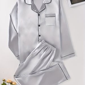 2 stuks Heren Pajama Set - Ademende Lange Mouw & Broek Slaapwear, Zacht Polyester Mengsel, Egaal Kleur, Knopen Pajamas voor Thuis & Outdoor , Pajamas voor Slapen