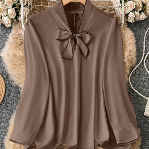 Plus Size Elegante Blouse met Hoge Hals en Contrasterende Bies - 95% Polyester, 5% Spandex, Kleur, Niet-rekbare Geweven Stof, Geschikt voor alle seizoenen