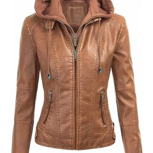 Zwart jack met capuchon voor dames, met afneembare capuchon - Casual biker stijl, kleur, meerdere zakken, rits sluiting, perfect voor lente, herfst en winter