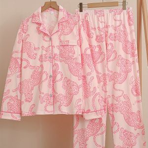 Roze Lange Mouwen Ochtendjas en Pyjama Set voor Vrouwen