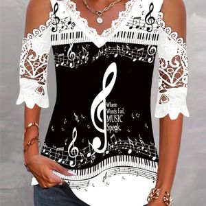 Women's Elegant V-neck Lace Sleeve T-shirt With Music Note Print - Black & White Geometric Pattern, High Stretch Polyester, Summer Vacations, Ladies T Shirts