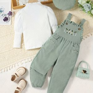 Jeugd Hoge-Hals T-Shirt en Geborduurde Bloemenpatroon Jumpsuit met Hoed Herfst/Winter Driedelige Set, Perfect voor Buiten