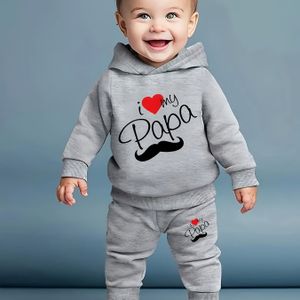 Pasgeboren Baby Jongen "Ik Hou van Mijn Papa" Cartoon Hart Baard Print Fleece Hoodie + Casual Sportbroek Set voor Herfst en Winter Buitenshuis, Ideaal voor Outdoor