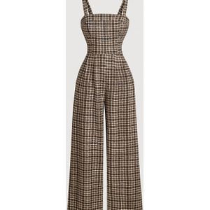 1pc Dames Ruitjumpsuit, Mouwloos Gebreid Polyester , Aanpasbare Rugriem Jumpsuit voor Alle Seizoenen