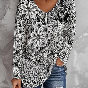 Plus Size, Dames Plus Size Mode Gedrukte V-Hals Lange Mouw T-Shirt, Losse Casual Top voor Thuis en Buiten, Basis Veelzijdig T-Shirt