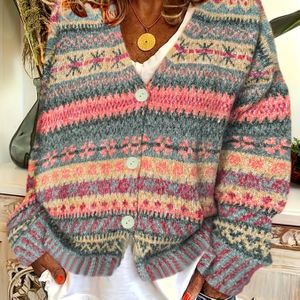 Plus Size, Elegante Lange Mouwen Cardigan voor Dames - Geometrisch Open Voorzijde Trui, Wasbaar Herfst Winter Casual Bovenkleding, Medium Elastische Stof