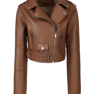 Dames Extra Witte Leren Jas met Riem - Chic Zip-Up Motorfiets Korte Jas, Slim Fit, Lange Mouwen, Perfect voor Lente/Haar, Casual Buitenkleding|Sleek Jas| Leren Jas, Plus Size Jas