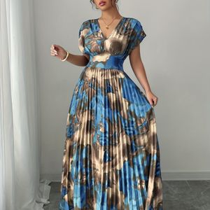 Vrouwen Elegante V-Hals Geplooide Jurk - Blauw en Gouden Bloemenprint, Korte Mouw, Wijdvallende Maxi Jurk voor Vakantie of Casual , Casual Jurk | Bloemenprint Jurk | Polyester Stof