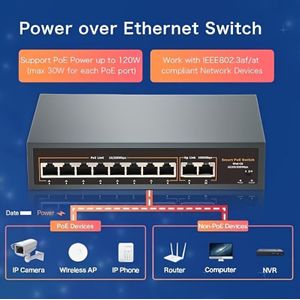 Davuaz 10-Port Gigabit Ethernet Switch met POE, Uitgebreid Bereik tot 250m, Smart Compatibel, 8 POE+ Poorten & 2 Gigabit Uplinks, IEE 802.3af/at, 120W Stroombudget, Metalen Ontwerp, , US Stekker