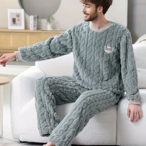2- Heren Pluche Fleece Pyjama Set - Lange Mouwen Ronde Hals met Voorzak & Comfortabele Grijze Geribbelde Broek, Gezellige Loungewear voor Thuisontspanning